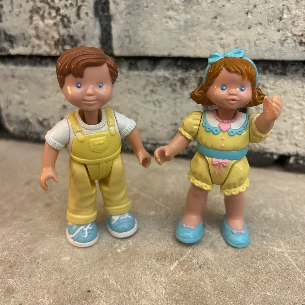 Fisher Price Loving Family 93 94 Yellow Boy Girl Overalls Birthday Lot of 2 RARE